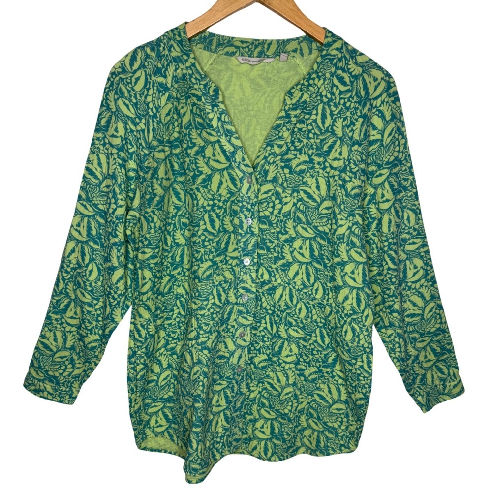 Soft Surroundings M Jodi Gauze Shirt Tunic Green Leaf Print Resort Cruise Beachy
